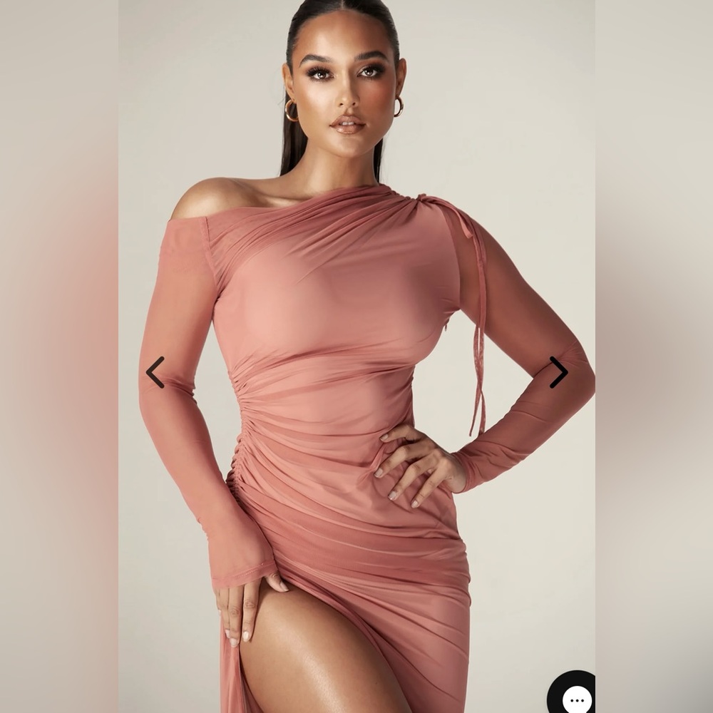 DUA ORGANZA RUCHED MESH LONG SLEEVE CUT OUT MAXI DRESS (ROSE) NWT